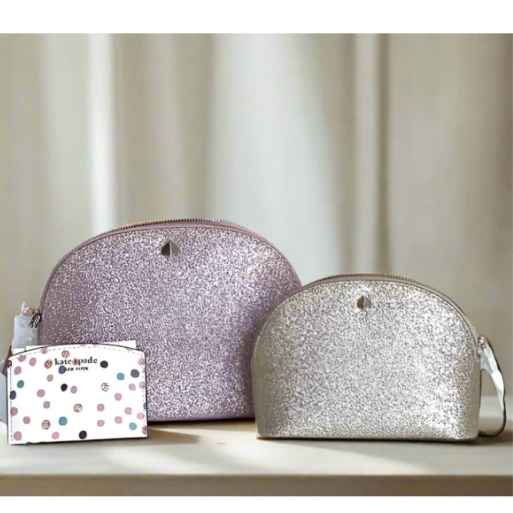 Kate Spade Rose Gold Glitter Crossbody Set Wallet Pouch Makeup Card Case 3PC